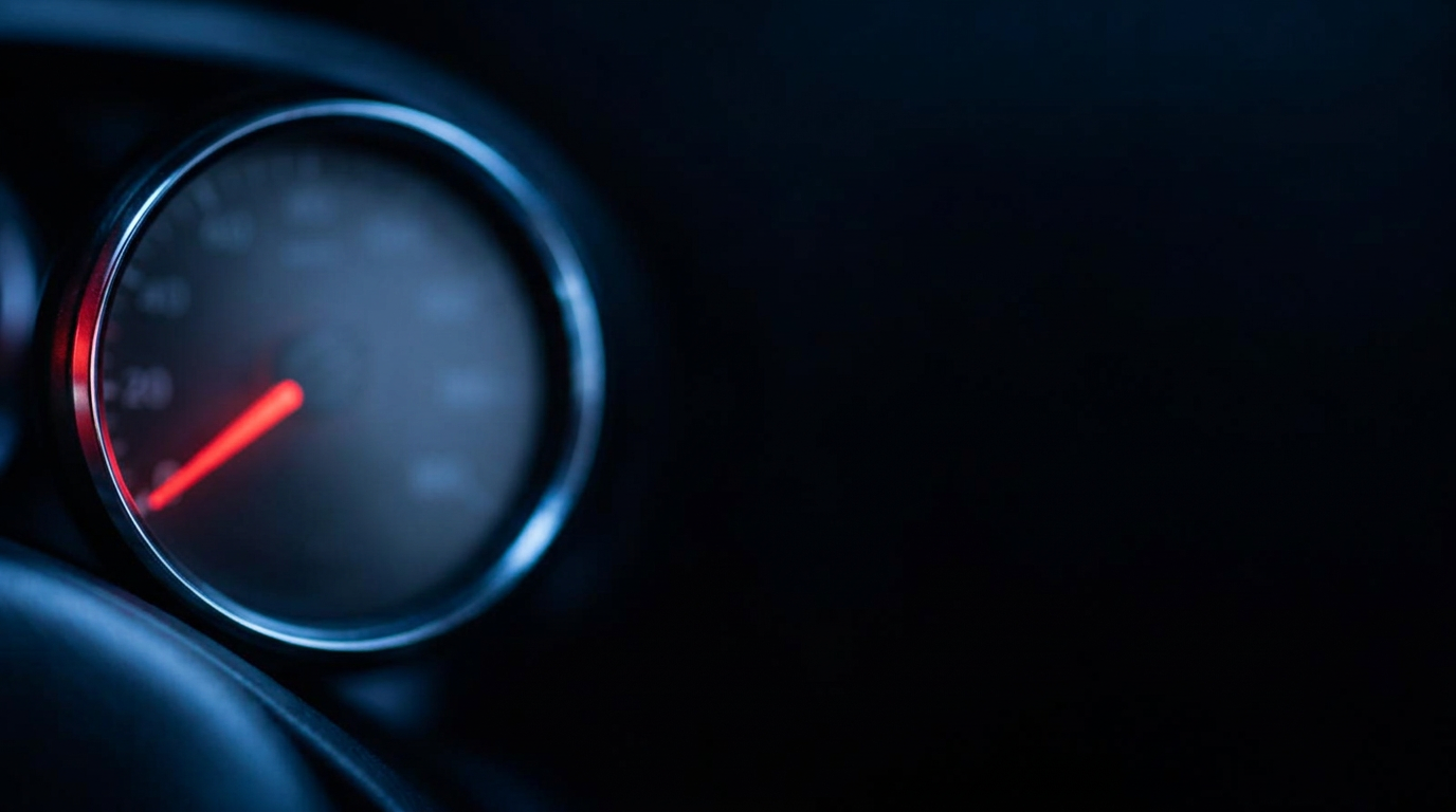 Close-up of an instrument dial at night, red needle glowing against deep navy